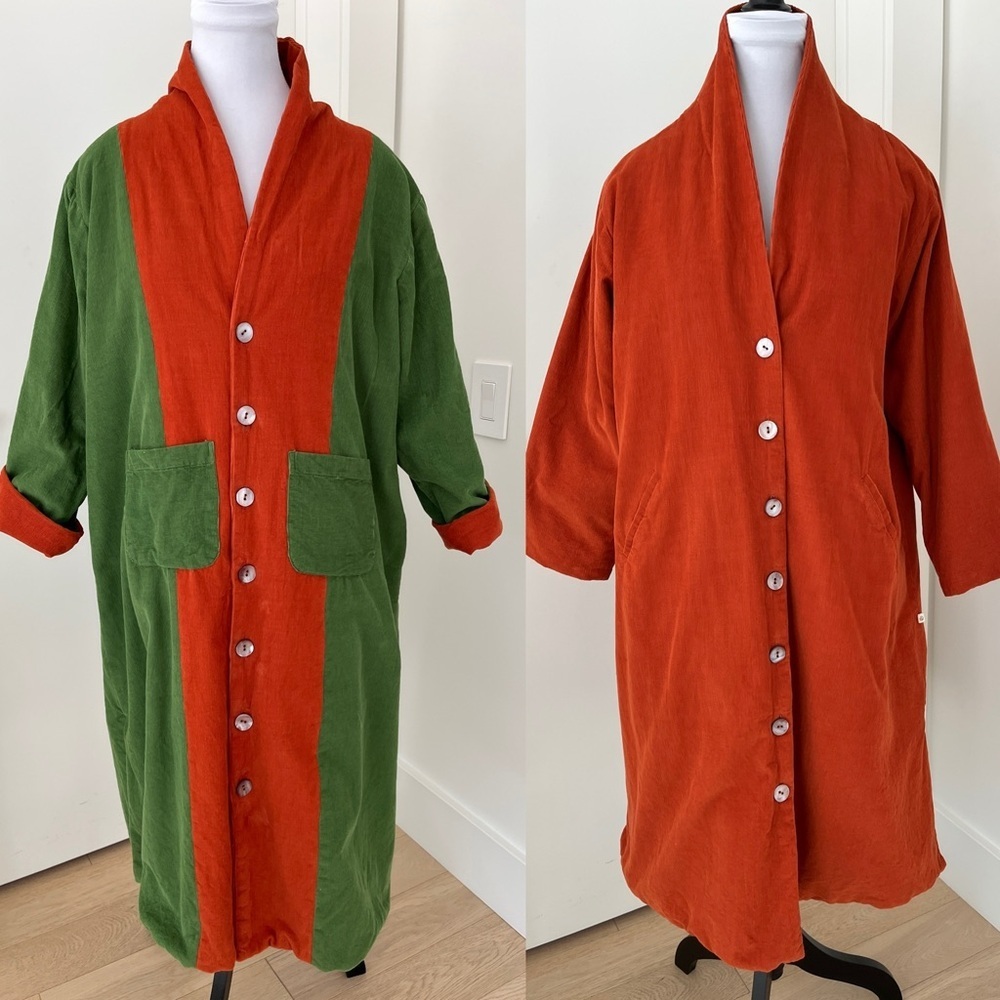 SEAMSFRIENDLY Reversible Coat Dress Corduroy Pockets Button Front 3/4 Sleeves